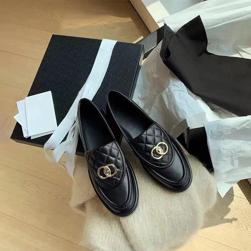 High-End Chanel-Style Quilted Loafers for Women, 2025 New Slip-On Casual Thick-Soled Shoes, Black Leather Shoes for Women