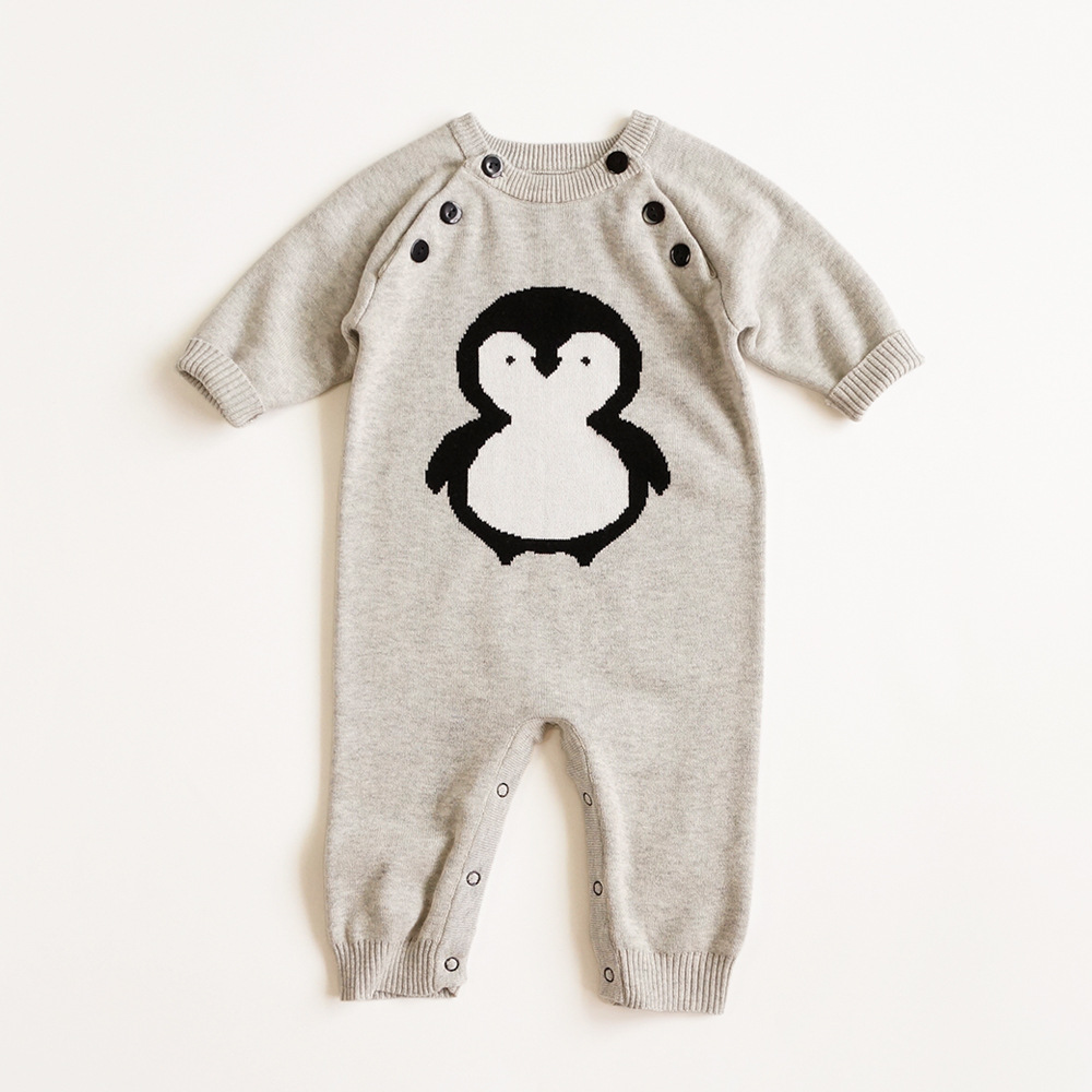 Autumn and Winter New Baby Cartoon Penguin Cotton Sweater Knitted Jumpsuit Baby Outwear Sweater Romper