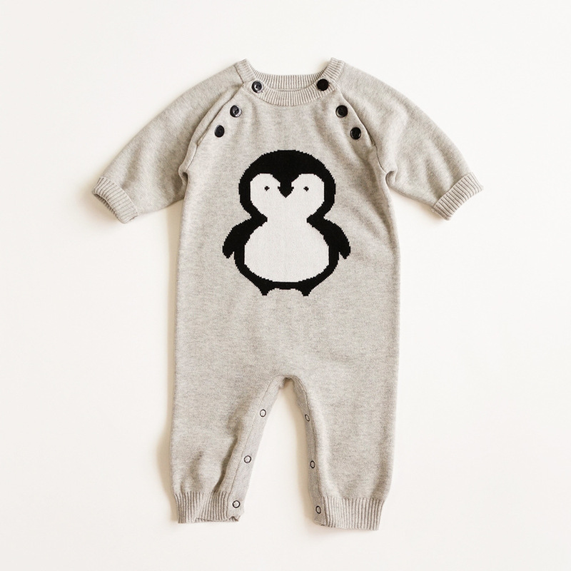 Autumn and Winter New Baby Cartoon Penguin Cotton Sweater Knitted Jumpsuit Baby Outwear Sweater Romper