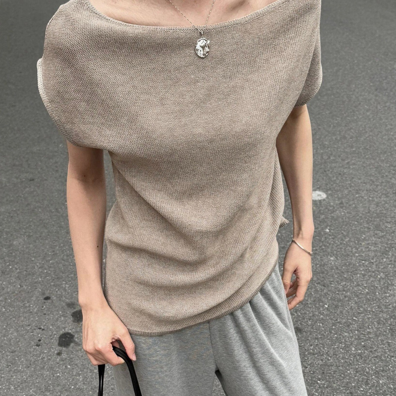 Summer Wool and Linen Three-Dimensional Cut One-Shoulder Two-Way Wear Short-Sleeve Women's Top