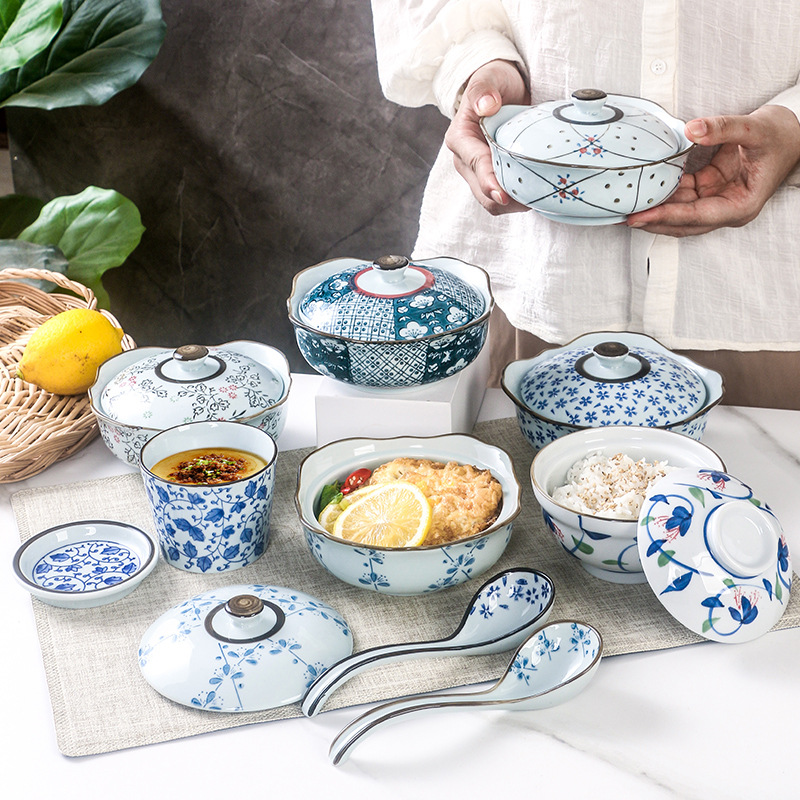 日式手绘陶瓷蒸菜家用蒸米饭碗带盖蒸鸡蛋花汤盅釉下彩隔水小炖盅