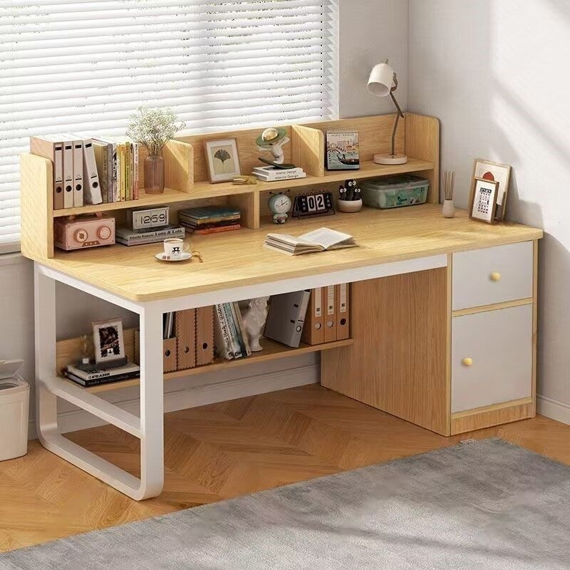 Computer desk with bookshelf, home student study desk, simple modern writing desk, bedroom office desk, multifunctional