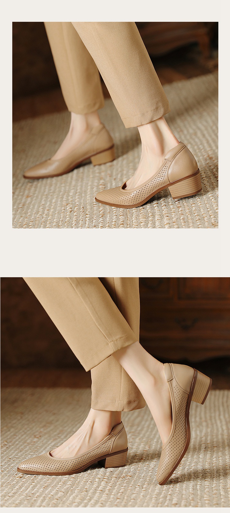 Sandal nữ da bò lỗ lưới miệng nông gót vừa — Màu trắng be chi tiết 11