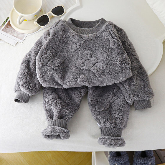 Children's pajamas suit winter New fleece-lined thickened boys' flannel home wear girls' warm clothes children's clothing