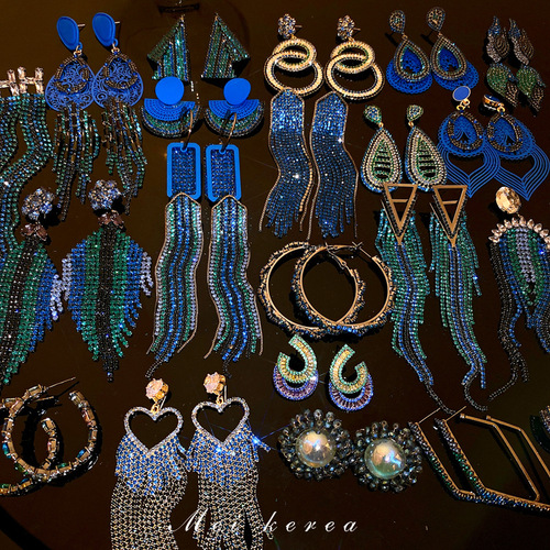 Silver needle European and American exaggerated blue diamond geometric flower tassel earrings personality cold style earrings fashion earrings for women