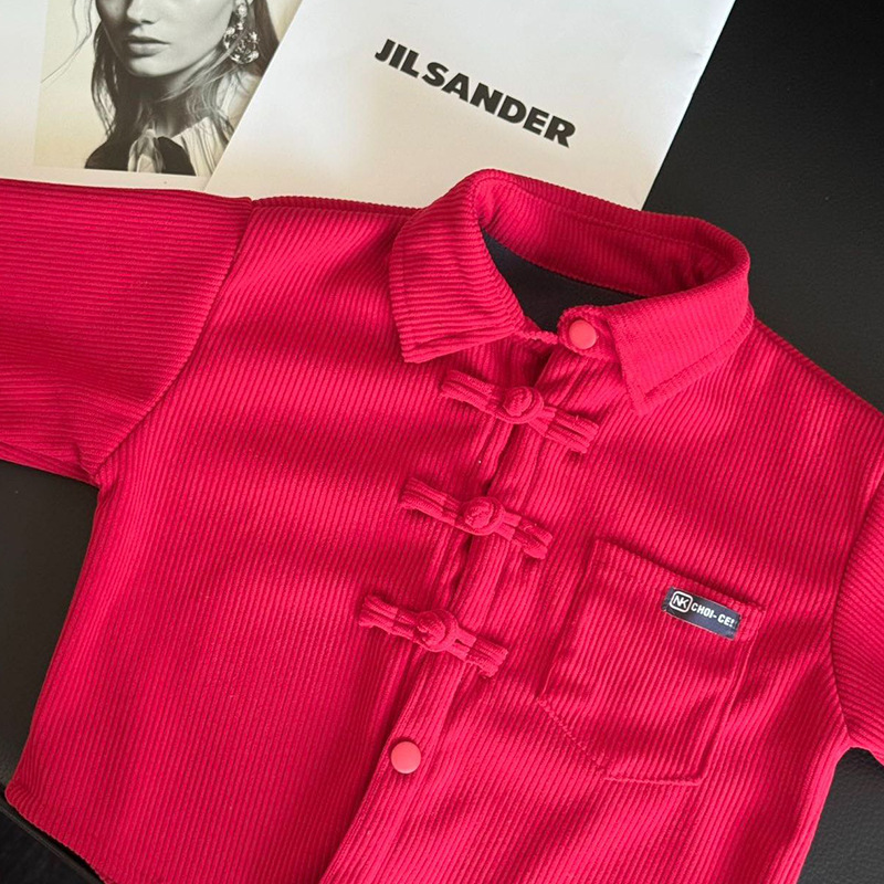 男童潮流新中式唐装儿童拜年服2026冬装中小童灯芯绒加绒衬衫外套