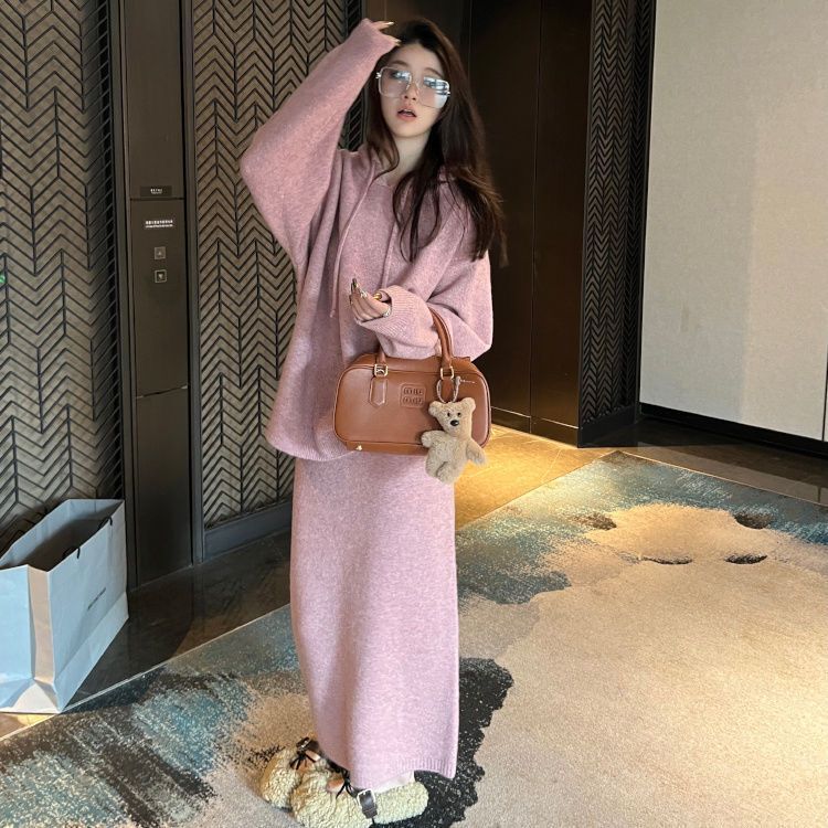 慵懒风针织套装裙女秋冬新款宽松休闲连帽毛衣九分裤裙时尚两件套|undefined
