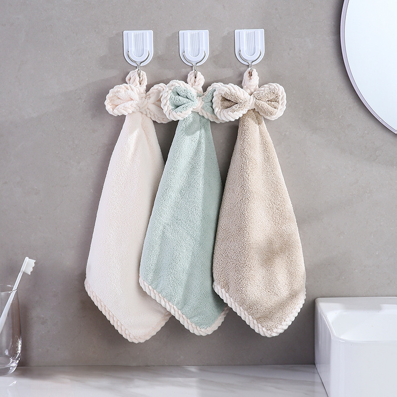 Coral Fleece Hangable Hand Towel Soft Thickened Water Absorbent Kitchen Bathroom Household Children's White Edge Wipe Towel