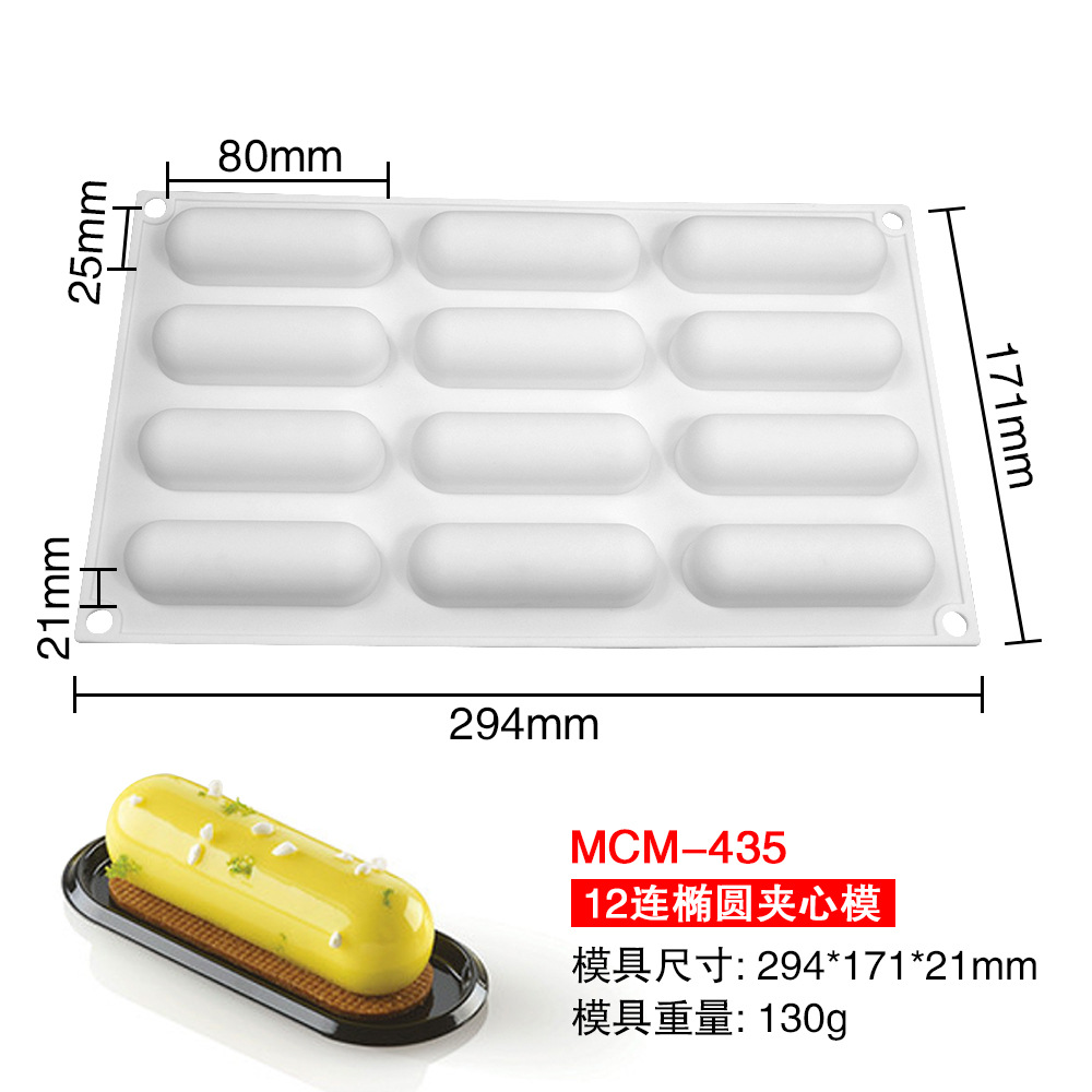 Refinado largo mousse pastel molde colección francés postre sándwich molde de silicona cilindro ovalado crujiente salchicha molde