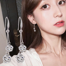 S925银猫眼石耳环韩国气质淑女长款挂钩吊坠流苏复古人造锆石耳坠
