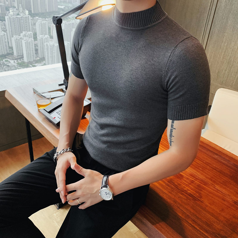Special Summer New Half-high Collar Men's Sweater Micro-thick Slim-fit Stretch Solid Color Pullover T-shirt Short Sleeve Base Shirt