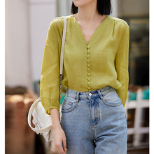 会呼吸的苎麻衬衫 四色九分泡泡袖小衫 衬衣2025夏季新款女装上衣