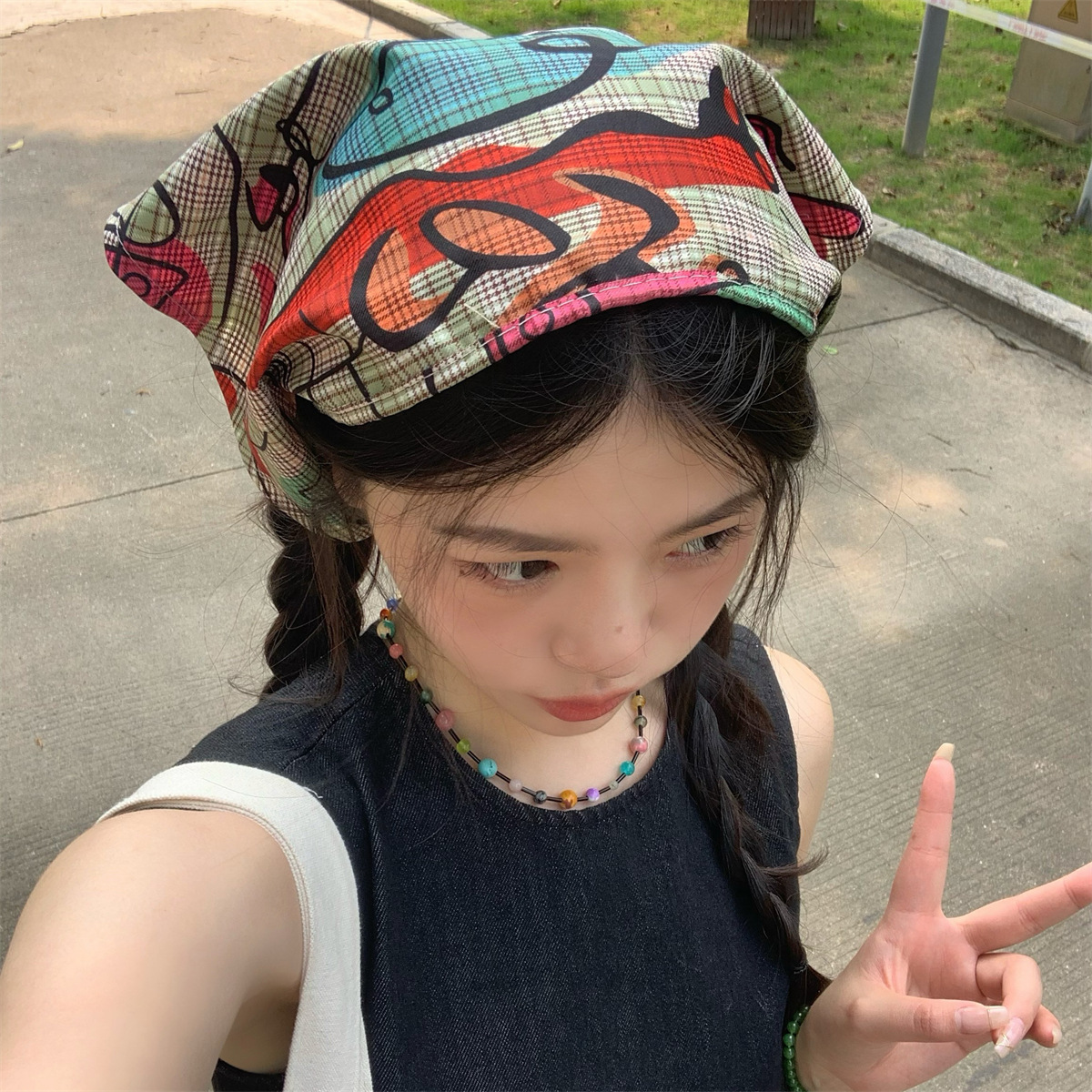 春夏季度假拍照漫画涂鸦复古三角巾韩国新款凹造型头巾辣妹发带女