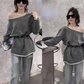 轻熟简约纯色斜肩百搭卫衣女+纯色牛仔裤显瘦气质洋气套装潮