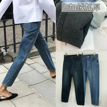 Teto加绒钮缝牛仔裤~高腰直筒小脚裤保暖裤~个性时髦设计长裤子女
