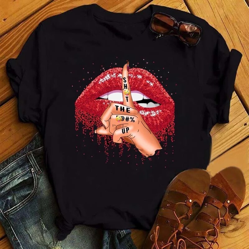 Wish Supply New Sexy Sequins Lips Women's Retro Cute Cartoon Short Sleeve Women's T-Shirt for Summer