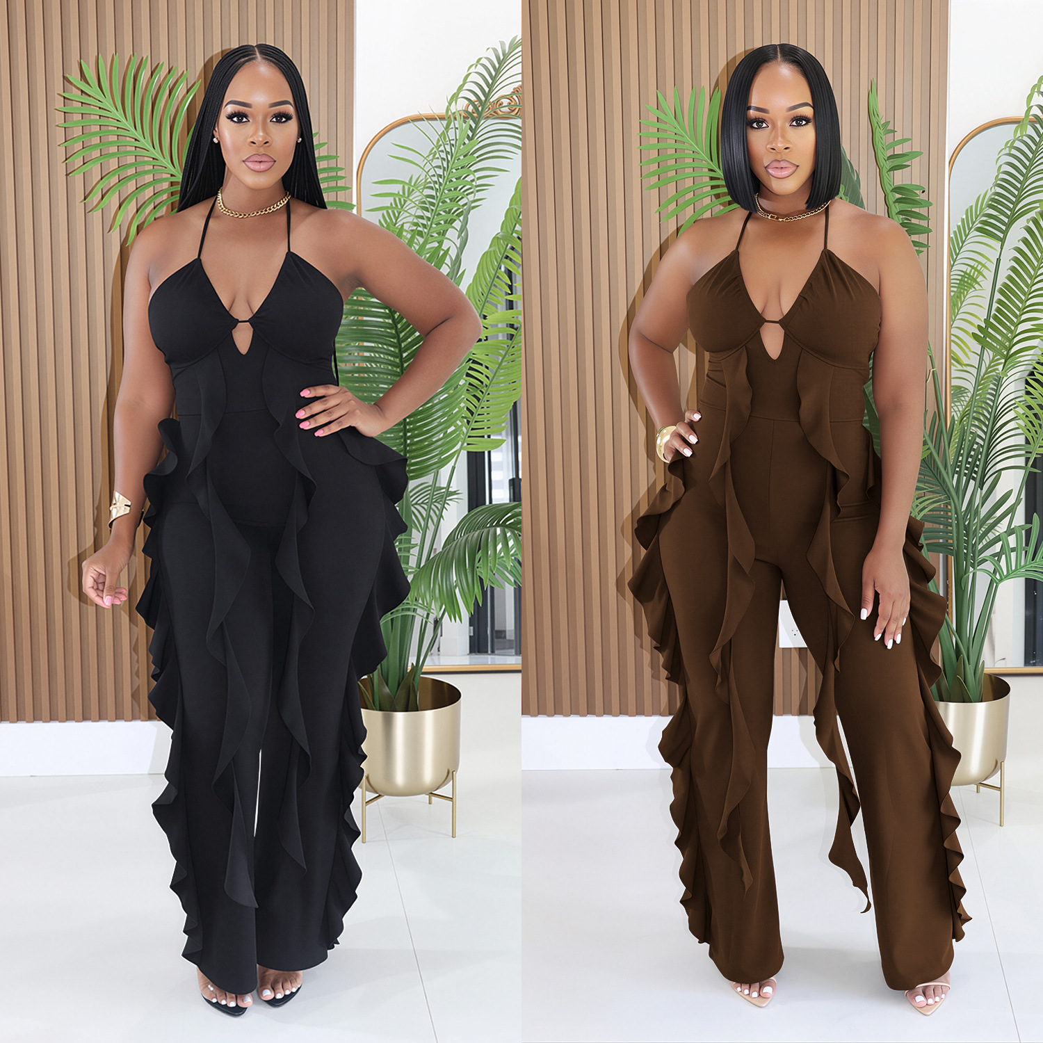C7836 Cross-border 2026 New Women's Fashion Elegant Halter Neck V-neck Ruffle High Waist Slimming Wide Leg Party Jumpsuit