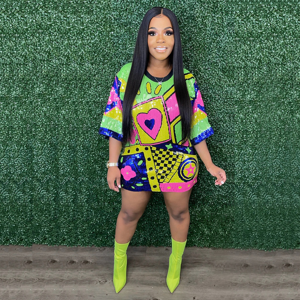 Fashion Letter Heart Shape Round Neck Half Sleeve Sequins Patchwork Polyester Knee-Length A-Line Ski