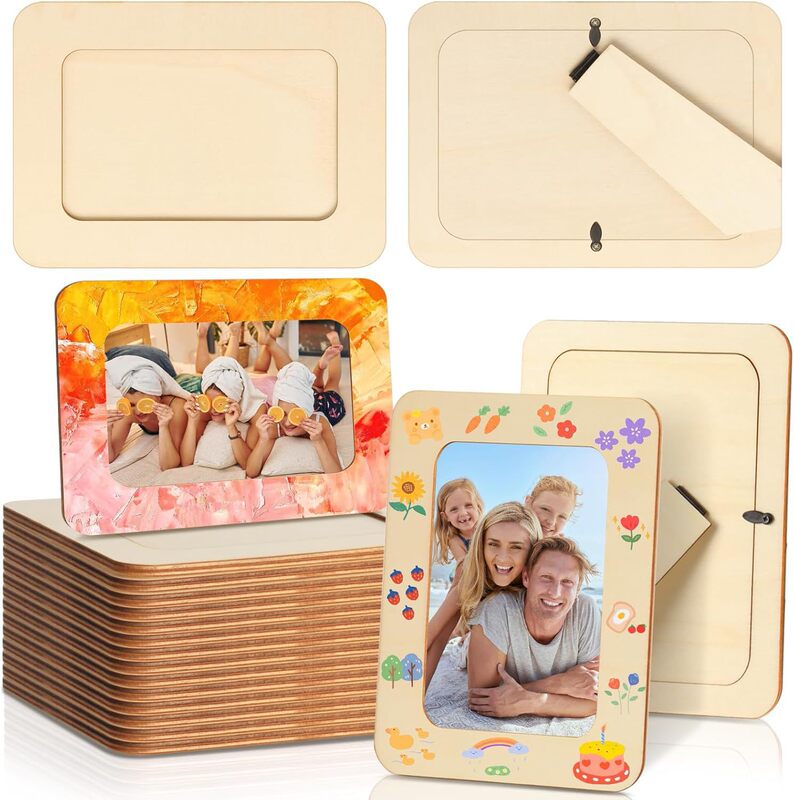 Cross-Border DIY Laser Cutting 6inch Wooden Photo Frames Wooden Rectangular Wavy Hand-Painted Graffiti Photo Frame Ornaments
