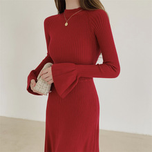 秋冬季氣質高雅小紅裙針織連衣裙前后兩穿小眾設計收腰顯瘦長裙女