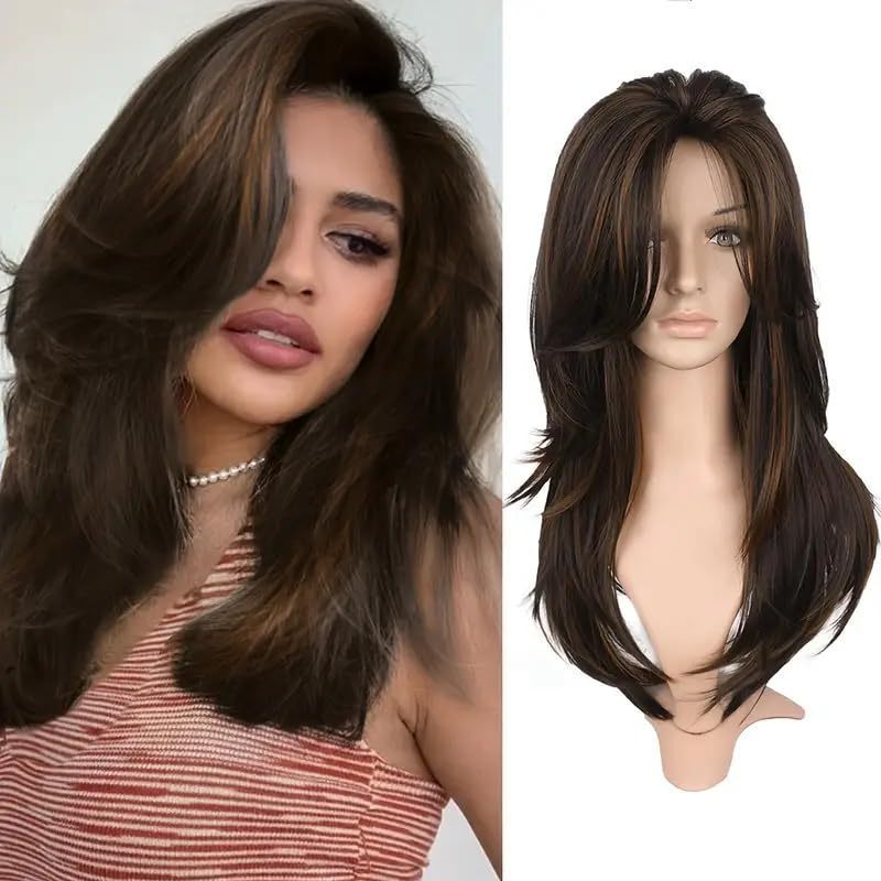Xuchang Wig Women Natural Look Long Brown Mixed Blonde Wig with Bangs Heat Resistant Women Synthetic Wig