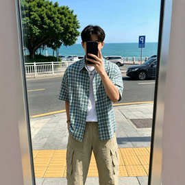 美式复古格子衬衫男短袖夏季休闲潮流冰丝衬衣男高级潮牌痞帅衬衣