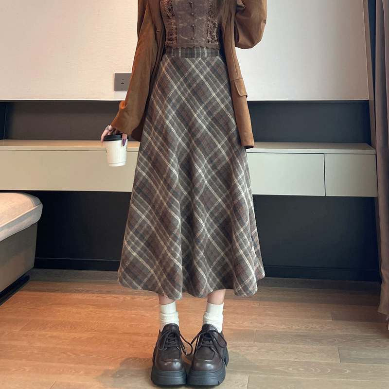 韩版毛呢格纹半身裙女2025秋冬新款格子高腰宽松显瘦中长款a字裙|undefined