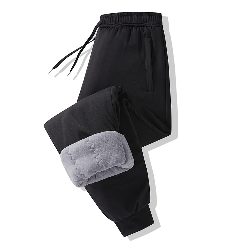 Winter down-filled cotton pants, windproof, waterproof, warm, loose-fitting casual trousers, black with jogger cuffs, gray with jogger cuffs, gray straight leg.