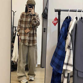 复古chic高档卡其色格子衬衫外套女秋冬款韩系慵懒风长袖衬衣外穿