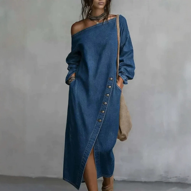 In-Stock 2026 European and American Cross-Border New Style Amazon Asymmetric Off-Shoulder Loose Buttoned Slit Stylish Denim Dress