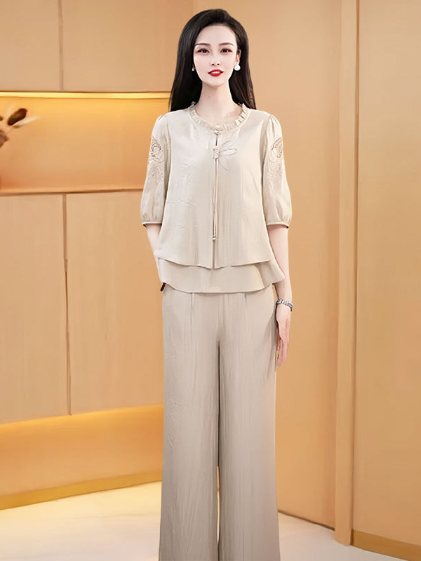 Mother's Day New Chinese Style Petite Fashion Suit for Women 2025 New Summer New Mom Outfit Versatile Wide-Leg Pants