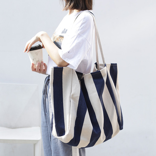 Korean style retro literary handbag, simple small fresh striped canvas bag, casual fashion large capacity shoulder bag for women