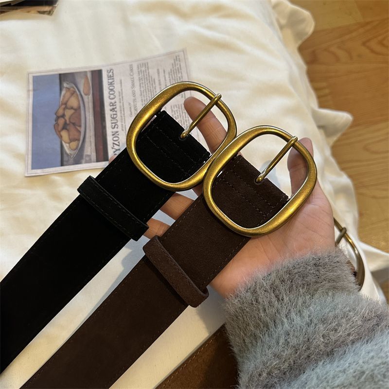 Wide Waist Belt For Coats Women's Retro Brown Gold Buckle Double Layer Cowhide Suede High-End Belt Autumn Winter New Arrival - Thumbnail 5