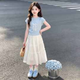 2026甜美套装夏季中大童小女孩蝴蝶结短袖t恤蛋糕半身裙两件套潮