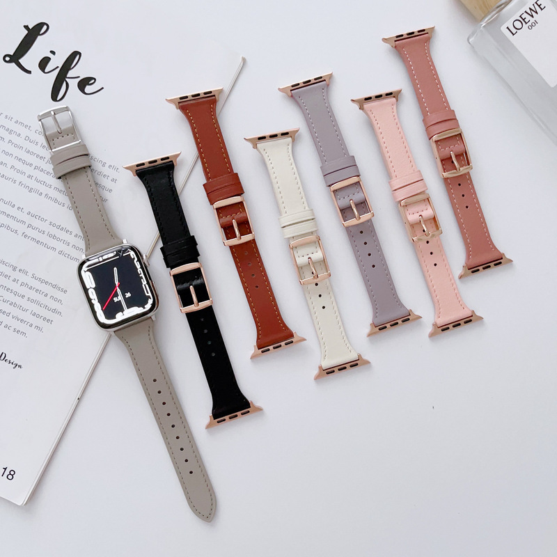 Suitable for Apple Watch applewatch7 Genuine Leather Japanese Buckle Leather Strap SE65432 Generation Men and Women Wristband New