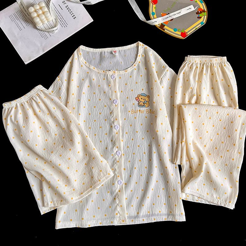Traje transfronterizo al por mayor de tres piezas pantalones de manga corta pijamas cárdigan de cuello redondo para mujer traje de servicio a domicilio dulce y lindo algodón nube