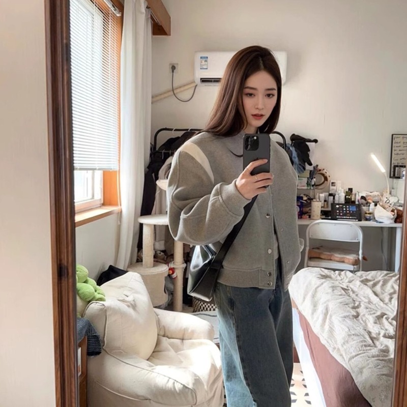 灰色棒球服外套女秋冬2025新款小个子宽松夹克复合短款外穿上衣女|undefined