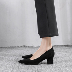 Civil servant interview black high-heeled shoes for women with pointed toes and long-term standing at work, thick-heeled suede etiquette shoes for work