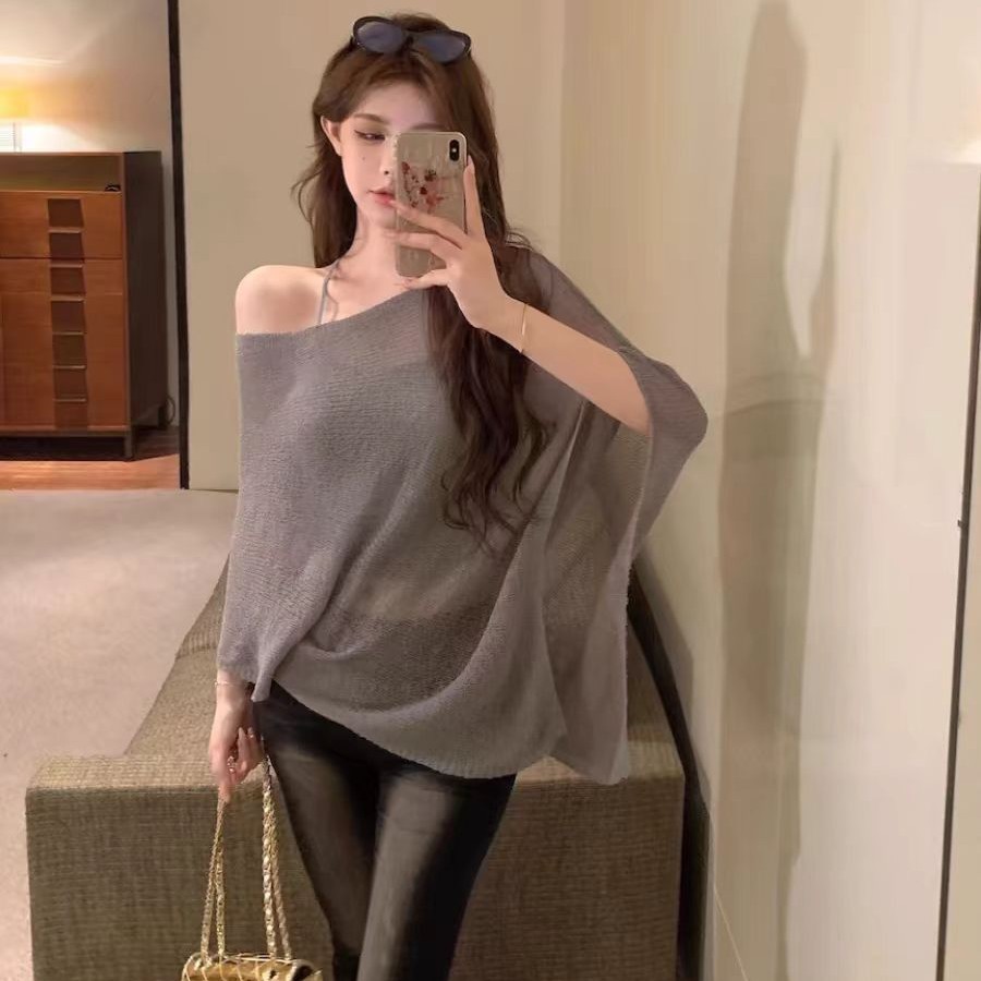 Relaxed Fit Ice Silk Knit Cover-Up Sunscreen T-Shirt for Women, Summer Thin Breathable Loose Casual Air-Conditioning Top Shawl