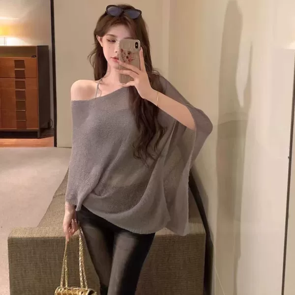 Relaxed Fit Ice Silk Knit Cover-Up Sunscreen T-Shirt for Women, Summer Thin Breathable Loose Casual Air-Conditioning Top Shawl
