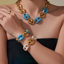 西雅图不锈钢猪鼻子树脂项链 多色时尚手工链镀18k金项链手链耳环