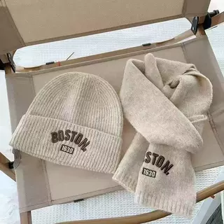 秋冬新款BOSTON字母儿童针织帽围巾套装男女保暖毛线帽冷帽套帽