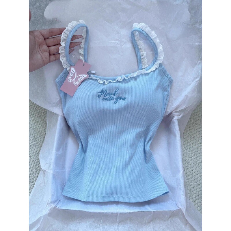 Dopamine-Inspired Stunning Blue Lace-Trimmed Sweet Girl Style Gentle Camisole with Chest Pads, Suitable for Both Inner and Outer Wear, Featuring a Beautiful Back Design