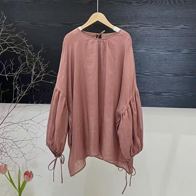 2026 Spring and Summer New Japanese-Style Simple Ramie Shirt for Women, Loose Fashion Plus-Size Casual Tie-Up Pullover Top