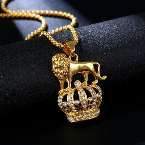 Euro-American Cross-Border Hip-Hop Jewelry Hot Sale: Titanium Steel Gold-Plated Crown Pendant Necklace with Diamond-Inlaid Lion Head Designs