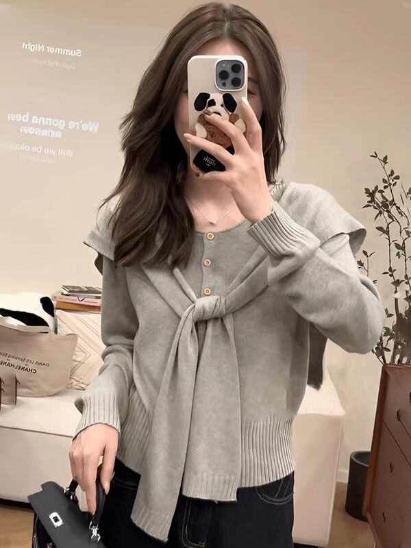 秋季女装新款日韩时尚休闲慵懒风披肩圆领长袖针织开衫毛衣两件套|undefined