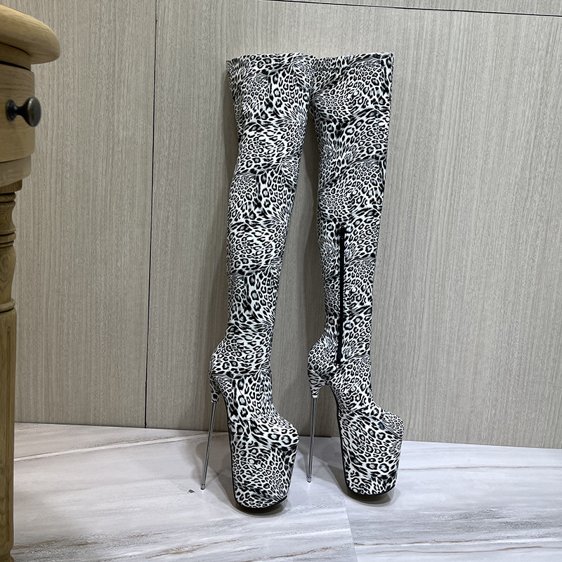 Boot nữ cổ cao quá gối họa tiết da báo mũi tròn khóa kéo gót thép 19 cm — Màu trắng chi tiết 8