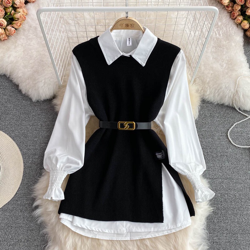 2026 Spring and Autumn Loose-Fitting Knitted Vest and Shirt Two-Piece Set for Women, Long-Sleeve Outfit, White Shirt, Sweater, Vest, Age-Reducing