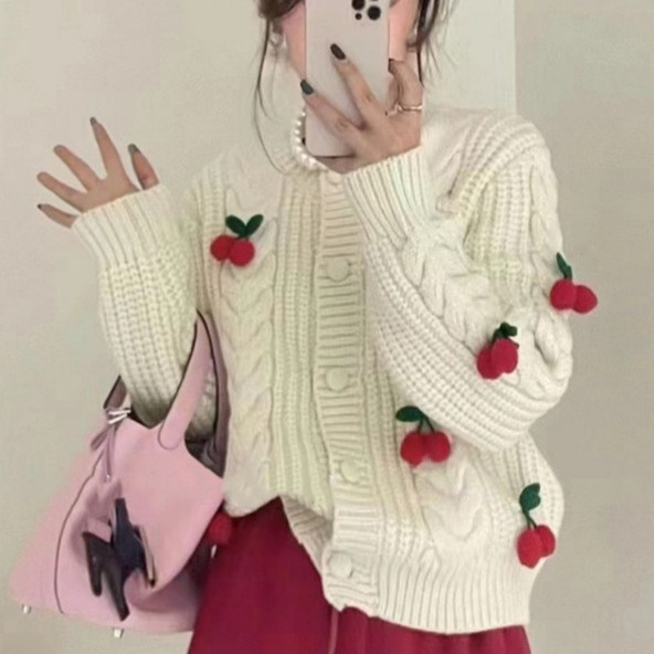 2025 New Autumn and Winter Cherry Age-Reducing Sweet Sweater Women's Short Thickeneded Knitted Cardigan Loose Lazy Style Top