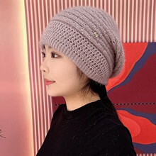 纯色条纹蓓蕾女帽双层加厚保暖针织帽子2024秋冬新款针织时尚百搭